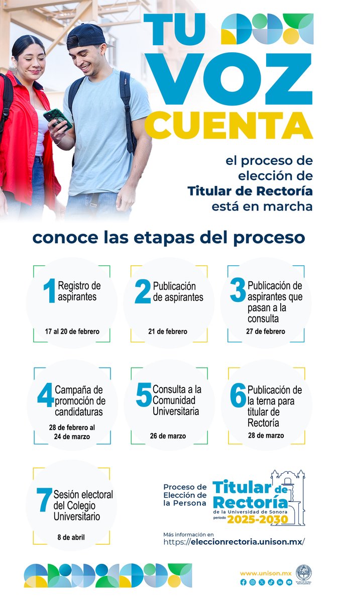 SoyUnison's tweet image. A la comunidad universitaria: les invitamos a que conozcan las etapas del Proceso de Elección de la Persona Titular de Rectoría, periodo 2025-2030.
Más información: eleccionrectoria.unison.mx