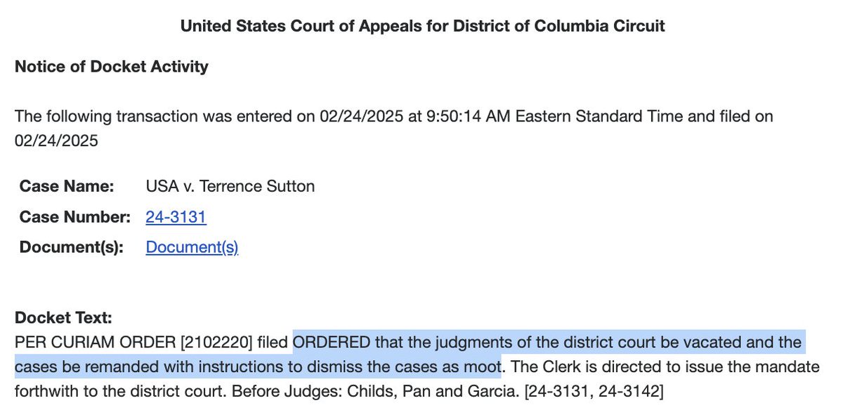 🚨 NEW DEVELOPMENT in the case of MPD officer Terence Sutton: The DC circuit just vacated his conviction!