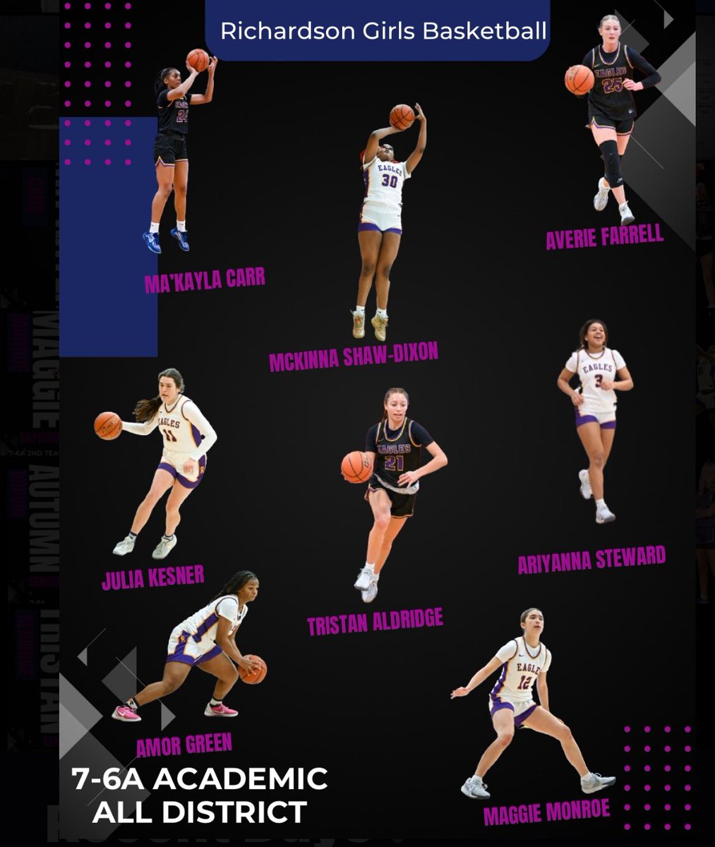 RHS Girls Basketball (@le_hoops) on Twitter photo Congratulations to our 7-6A Academic All District 👩🏫 <a href="/tristan_ald/">Tristan Aldridge</a> <a href="/FarrellAverie/">Averie Farrell</a> <a href="/kaylaacarr__/">Ma’Kayla Carr</a> Julia Kesner, Amor Green, Maggie Monroe, McKinna Shaw-Dixon, Ari Steward 📚📕📚
<a href="/RichardsonHS1/">Richardson HS</a>
<a href="/RHS_StayPurple/">Richardson HS Eagle Athletics</a> <a href="/RHSABC/">RHS Booster Club</a> <a href="/RichardsonISD/">Richardson ISD</a>
#txhshoops Congratulations to our 7-6A Academic All District 👩🏫 <a href="/tristan_ald/">Tristan Aldridge</a> <a href="/FarrellAverie/">Averie Farrell</a> <a href="/kaylaacarr__/">Ma’Kayla Carr</a> Julia Kesner, Amor Green, Maggie Monroe, McKinna Shaw-Dixon, Ari Steward 📚📕📚
<a href="/RichardsonHS1/">Richardson HS</a>
<a href="/RHS_StayPurple/">Richardson HS Eagle Athletics</a> <a href="/RHSABC/">RHS Booster Club</a> <a href="/RichardsonISD/">Richardson ISD</a>
#txhshoops