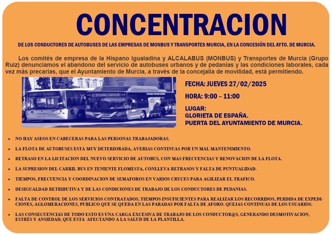 USO_TPM's tweet photo. 🚍 Los trabajadores de las líneas de Autobús Urbano y de Pedanías de #Murcia, se concentran para defender el #TransportePúblico.

Jueves 27 de Febrero de 2025.
#ayuntamientodemurcia 
9:00 a 11:00 horas. https://t.co/slQpD6dlSh