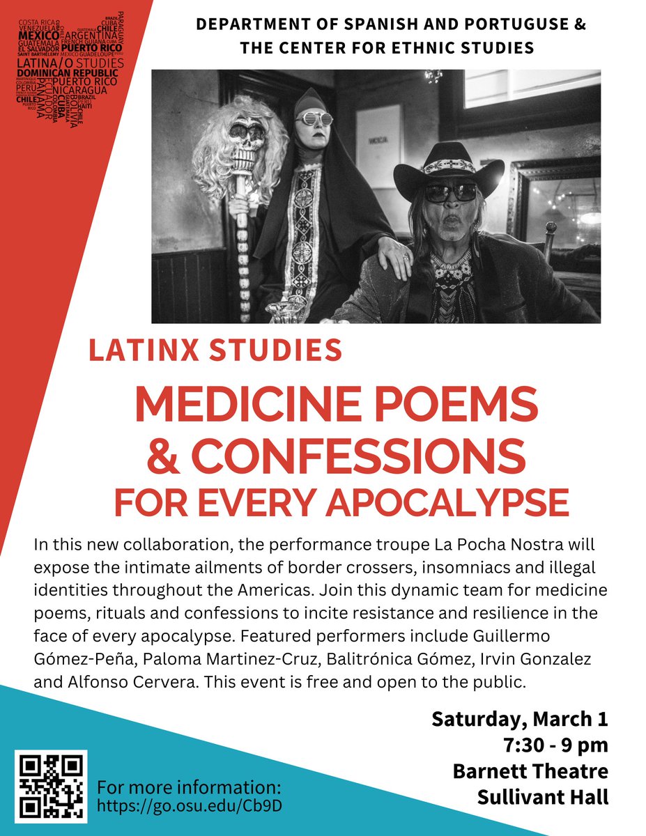 Center for Latin American Studies at Ohio State (@clasatosu) on Twitter photo This Saturday join our friends at <a href="/SPPO_OSU/">SpanPortOSU</a> and <a href="/CES_OSU/">Center for Ethnic Studies</a> for the Pocha Nostra performance: Medicine Poems & Confessions for Every Apocalypse
March 1, 2025
7:30 p.m.
Barnett Theater, Sullivant Hall, 1813 N High St This Saturday join our friends at <a href="/SPPO_OSU/">SpanPortOSU</a> and <a href="/CES_OSU/">Center for Ethnic Studies</a> for the Pocha Nostra performance: Medicine Poems & Confessions for Every Apocalypse
March 1, 2025
7:30 p.m.
Barnett Theater, Sullivant Hall, 1813 N High St