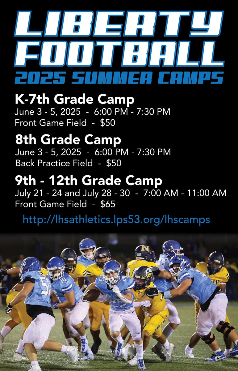 Liberty Football Camps, sign up below! 
lhsbluejaycamps.com