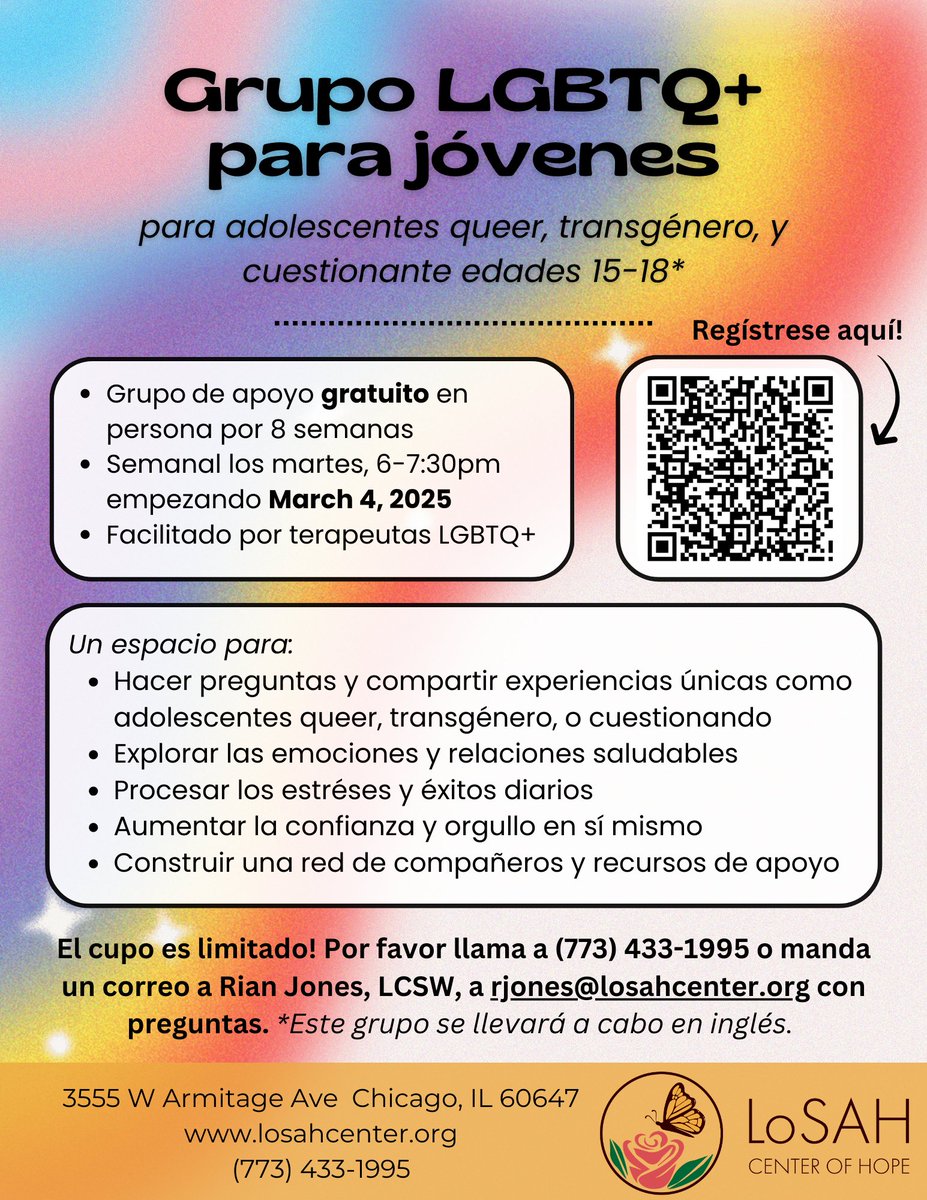 Will Guzzardi (@repguzzardi39) on Twitter photo The LoSAH Center of Hope is starting a Queer Youth Support Group. The free 8-week, in-person group will be on Tuesdays, from 6 to 7:30pm starting on 3/4. Capacity is limited! If you have questions, please call (773) 433-1995 or email Rian Jones, LCSW, at rjones@losahcenter.org. The LoSAH Center of Hope is starting a Queer Youth Support Group. The free 8-week, in-person group will be on Tuesdays, from 6 to 7:30pm starting on 3/4. Capacity is limited! If you have questions, please call (773) 433-1995 or email Rian Jones, LCSW, at rjones@losahcenter.org.