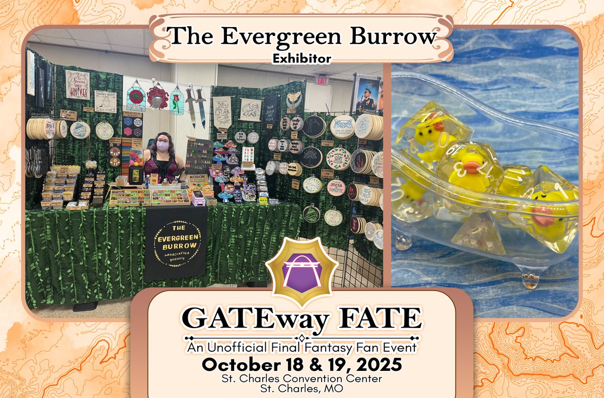 Traveling artisan <a href="/evergreenburrow/">Becca💕✨ Dragoncon 2623</a> has many a fantasical ware for your geeky space!  Custom made stained glass pieces, embroidery, and fun dice in case you're in need of a new set after you rolled nat 1s back to back during a key campaign moment.