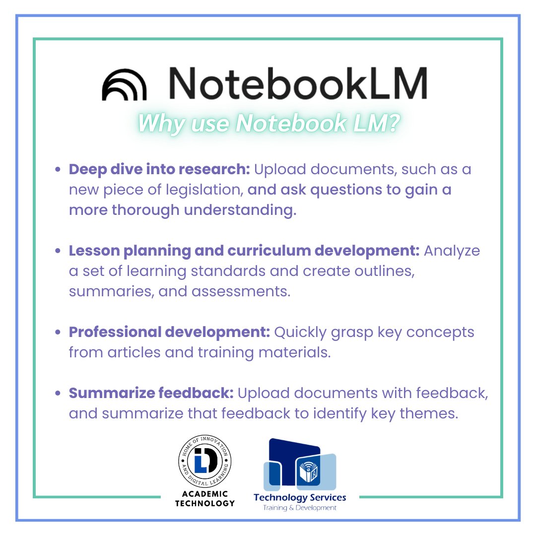 NISD Technology Services Training & Development (@nisdtechtd) on Twitter photo 📒✨NotebookLM is an AI-powered collaborator that helps you learn and work with complex information. After uploading your documents as sources, NotebookLM becomes an expert in those sources so you can read, take notes, and collaborate and organize your ideas.☑️ <a href="/NISDAcadTech/">NISD Academic Tech</a> 📒✨NotebookLM is an AI-powered collaborator that helps you learn and work with complex information. After uploading your documents as sources, NotebookLM becomes an expert in those sources so you can read, take notes, and collaborate and organize your ideas.☑️ <a href="/NISDAcadTech/">NISD Academic Tech</a>