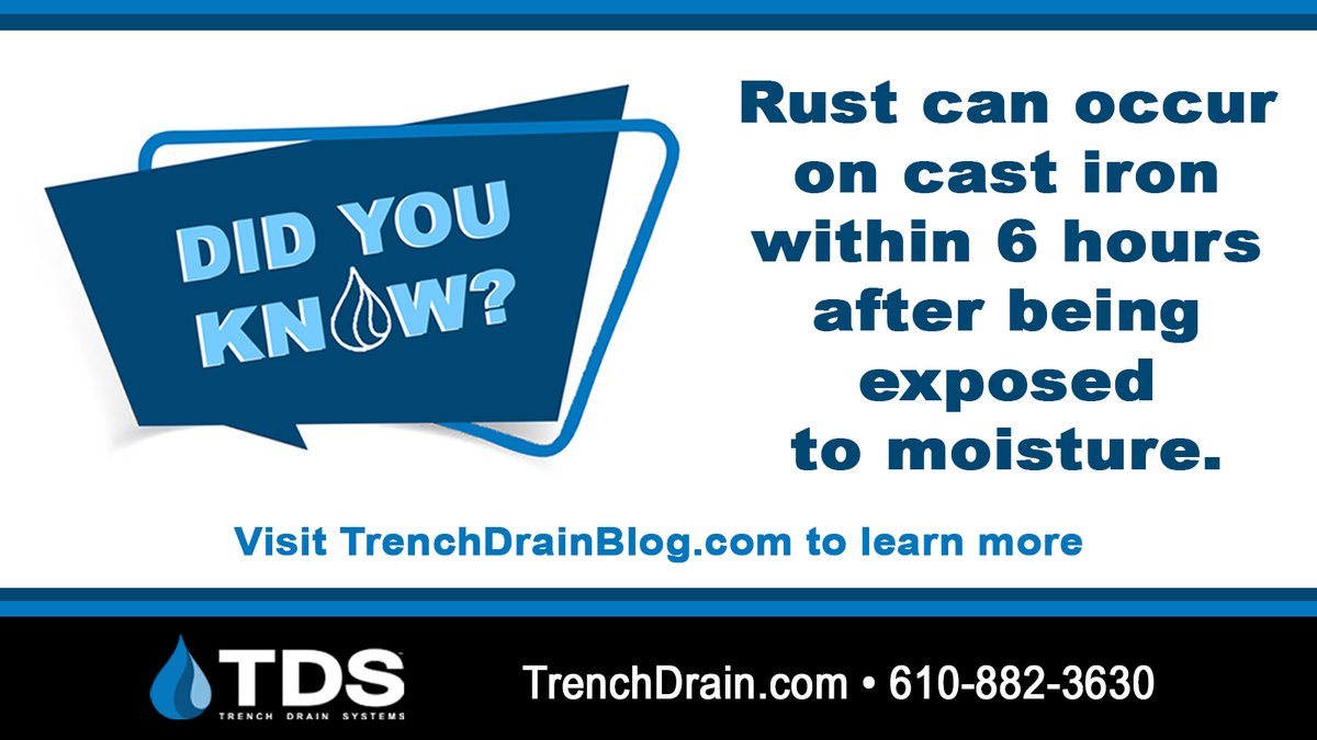 Did You Know? 🤔💡

Cast iron trench drain grates can start rusting within hours of moisture exposure! 💦🌧️🧂 Humidity, rain, and salt speed up the process, creating a reddish-brown patina.

Learn more 👉👉 trenchdrainblog.com/2022/10/31/how…

#DidYouKnow #TrenchDrains #Rust #CastIron