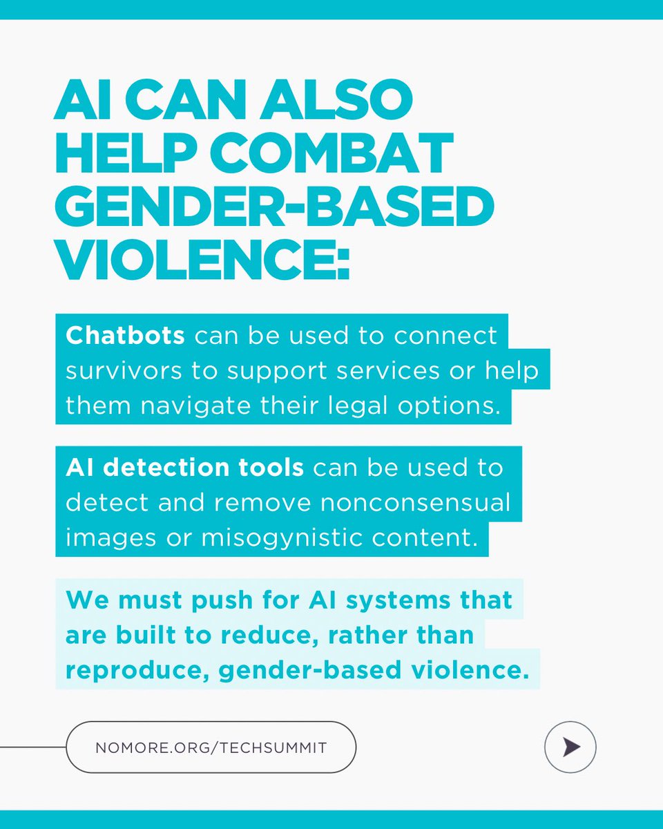 NOMOREorg's tweet photo. The impact of AI – and whether it develops as a tool to reduce or reproduce gender-based violence – is up to us. 

Don’t miss the conversations shaping the future. Join us at the NO MORE Week Tech. Summit, a free virtual conference taking place on March 4th. 

Register now at https://t.co/pBllAXyzVz