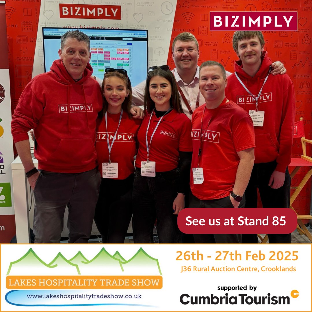 Hello Cumbria! 👋

Our team will be at The Lakes Hospitality show for the first time next week!
You can find us at Stand 85, where we'll be sharing how Bizimply is revolutionising people management across UK’s hospitality sector.

📅 Date: 26th - 27th February
📍Location: J36
