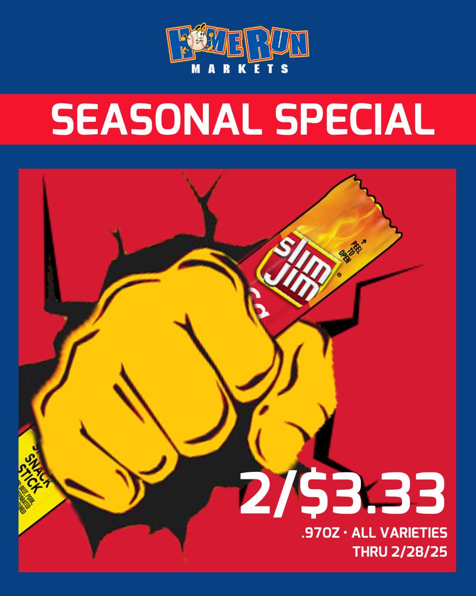 HomeRunMarkets's tweet image. When hunger strikes, we've got you covered! Now, through the end of the month, pick up 2 Slim Jims for only $3.33. A quick and tasty snack for the road! 🚗💨 #SnackTime