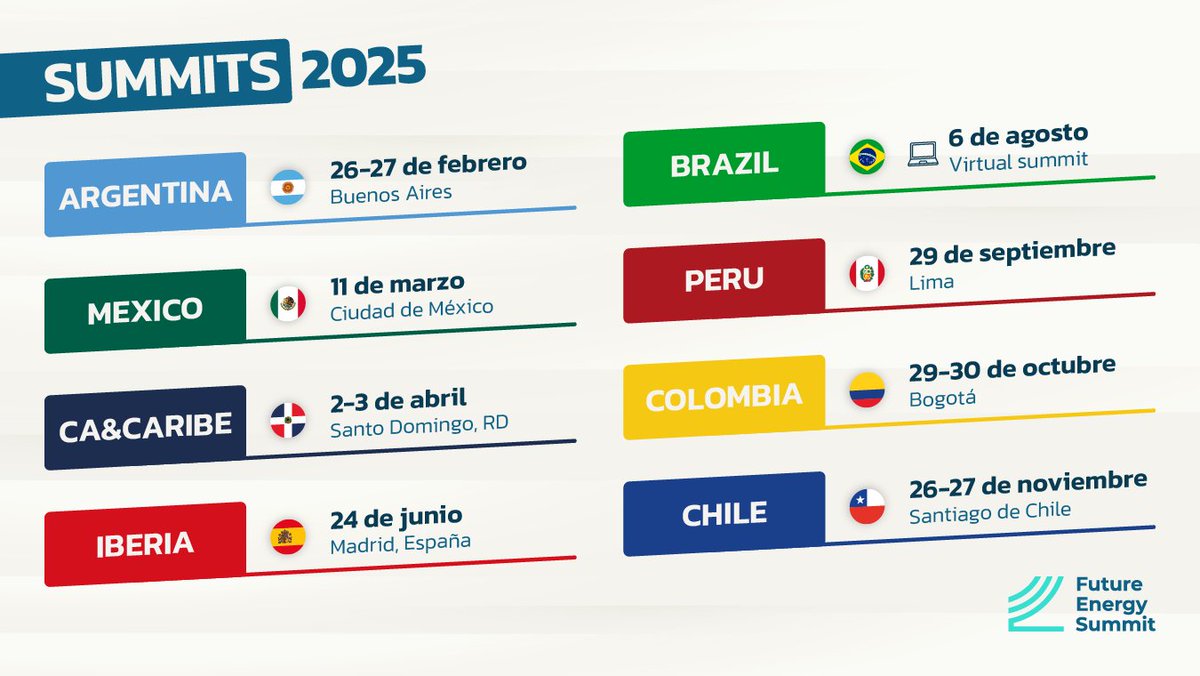 🎉 ¡Nuestra Gira FES 2025!

🌍 Este 2025 nos llevará por 7 países: Argentina, México, República Dominicana, España, Perú, Colombia y Chile, con encuentros únicos que transformarán la industria de las energías renovables.

Entradas disponibles: futurenergysummit.com/summits/