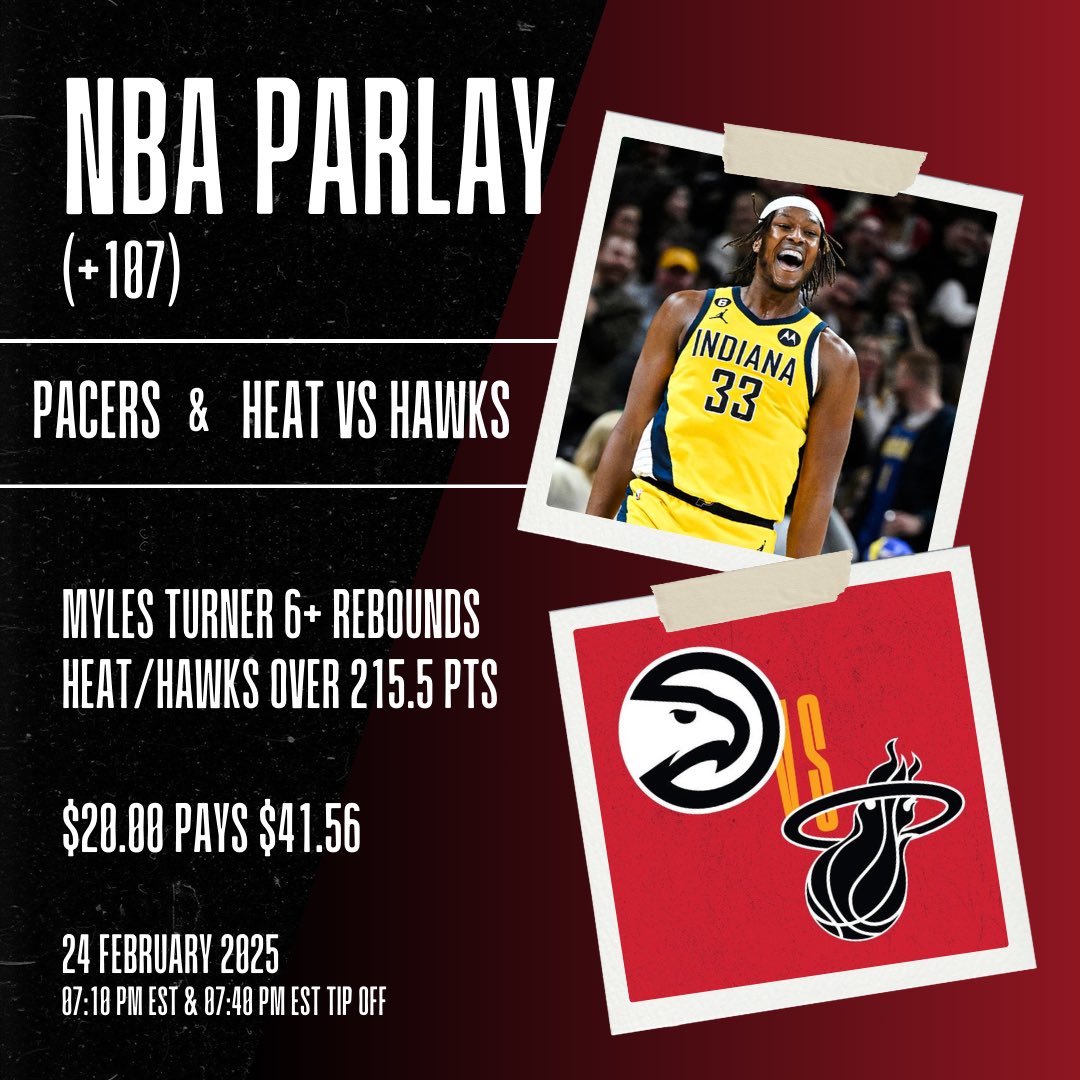 GameDayGains1's tweet photo. 🎯 NBA PARLAY (+107) 🔥

1️⃣ Myles Turner 6+ Rebounds (-155) 2️⃣ Heat/Hawks Over 215.5 (-380)

Nuggets @ Pacers - 7:10 PM EST Heat @ Hawks - 7:40 PM EST

$20 bet pays $41.56 💰

Time to bounce back after last night! Let’s start a new streak! 🔥
#NBABets #sportsbettingtwitter https://t.co/Z2LysFVAsl
