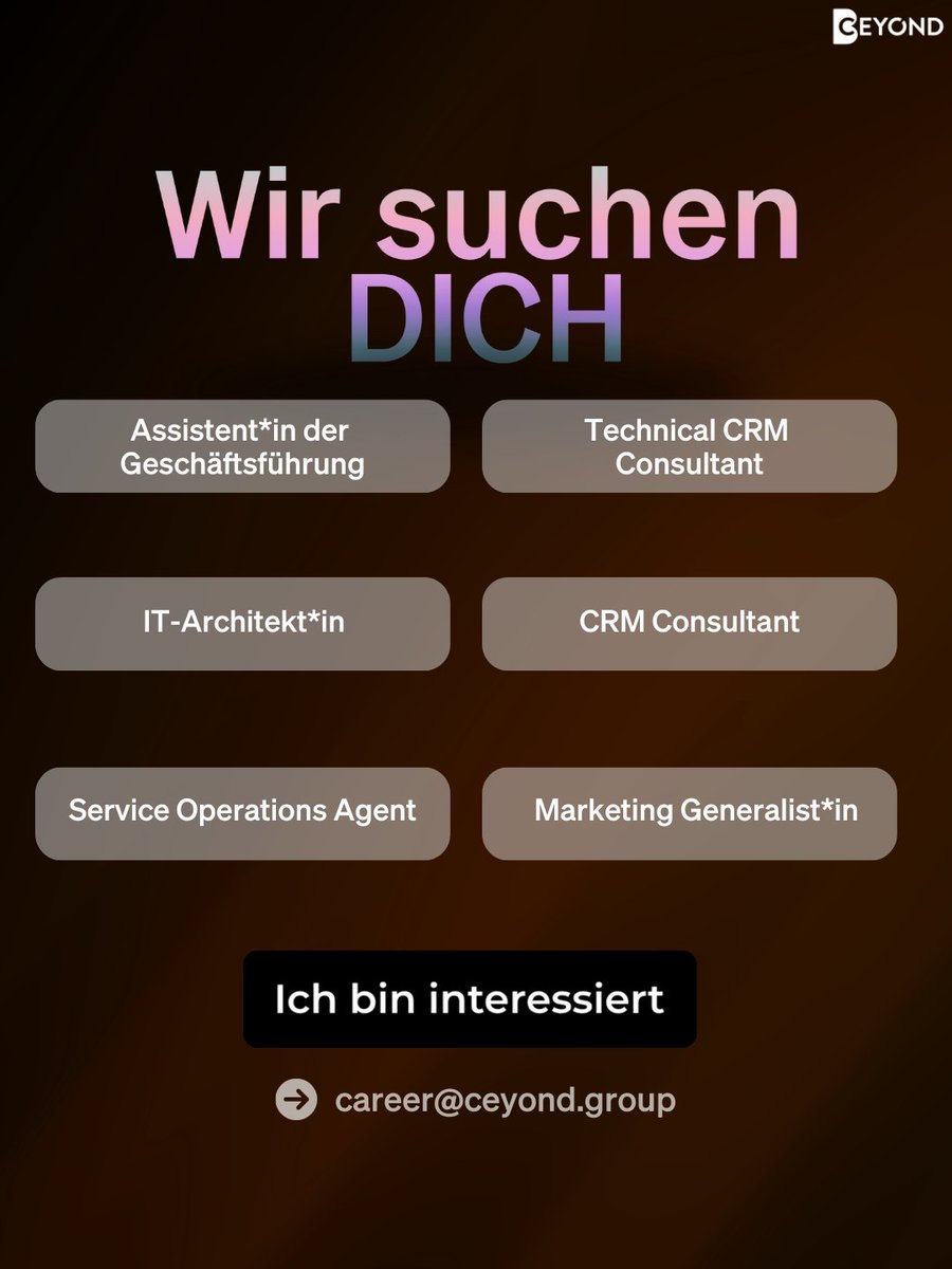 CEYOND (@ceyondgroup) on Twitter photo 🌟 Du bist gefragt! Bei CEYOND suchen wir kreative Köpfe und Techniktalente, die mit uns die Zukunft rocken wollen.
📩 Bewirb dich jetzt: career@ceyond.group
Mehr infos hier: tinyurl.com/3auj422e
#Karriere #job #vienna #openposition #marketing #CRM #zoho #consulting #IT 🌟 Du bist gefragt! Bei CEYOND suchen wir kreative Köpfe und Techniktalente, die mit uns die Zukunft rocken wollen.
📩 Bewirb dich jetzt: career@ceyond.group
Mehr infos hier: tinyurl.com/3auj422e
#Karriere #job #vienna #openposition #marketing #CRM #zoho #consulting #IT