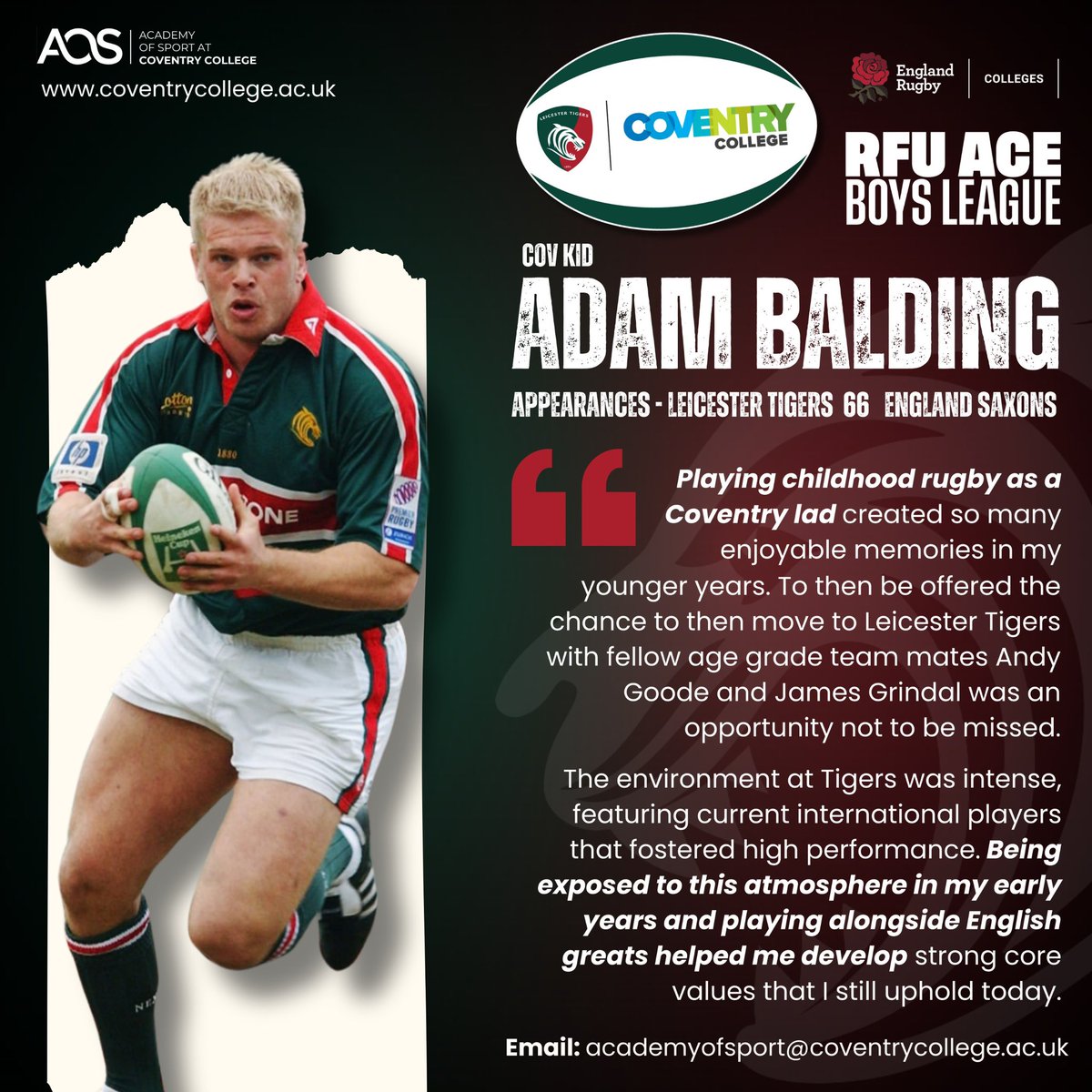 Leicester Tigers ACE Programme at Cov College (@covcollegerugby) on Twitter photo Cov kid <a href="/balding8/">adam balding</a> on his Journey to @leicestertigers 🐯
A Cov Kid who went from Caludon Castle School & @broadstreetrugby to @leicestertigers & reps <a href="/EnglandRugby/">England Rugby</a> u16s, u18, u21, 7s & Saxons & Senior England Summer tour to Argentina
Your journey starts here <a href="/coventrycollege/">Coventry College</a> Cov kid <a href="/balding8/">adam balding</a> on his Journey to @leicestertigers 🐯
A Cov Kid who went from Caludon Castle School & @broadstreetrugby to @leicestertigers & reps <a href="/EnglandRugby/">England Rugby</a> u16s, u18, u21, 7s & Saxons & Senior England Summer tour to Argentina
Your journey starts here <a href="/coventrycollege/">Coventry College</a>