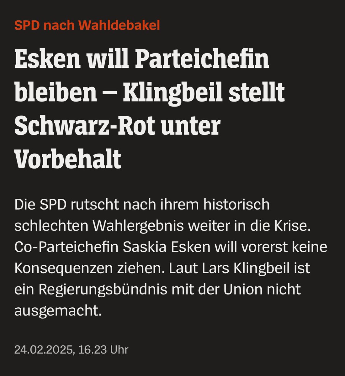 Der Parteivorstand der SPD hat heute erklärt:

• Es soll weitergehen
• Keiner fühlt sich verantwortlich 
• Niemand wird den Platz frei machen.

Als Mitglied reicht mir das nicht.