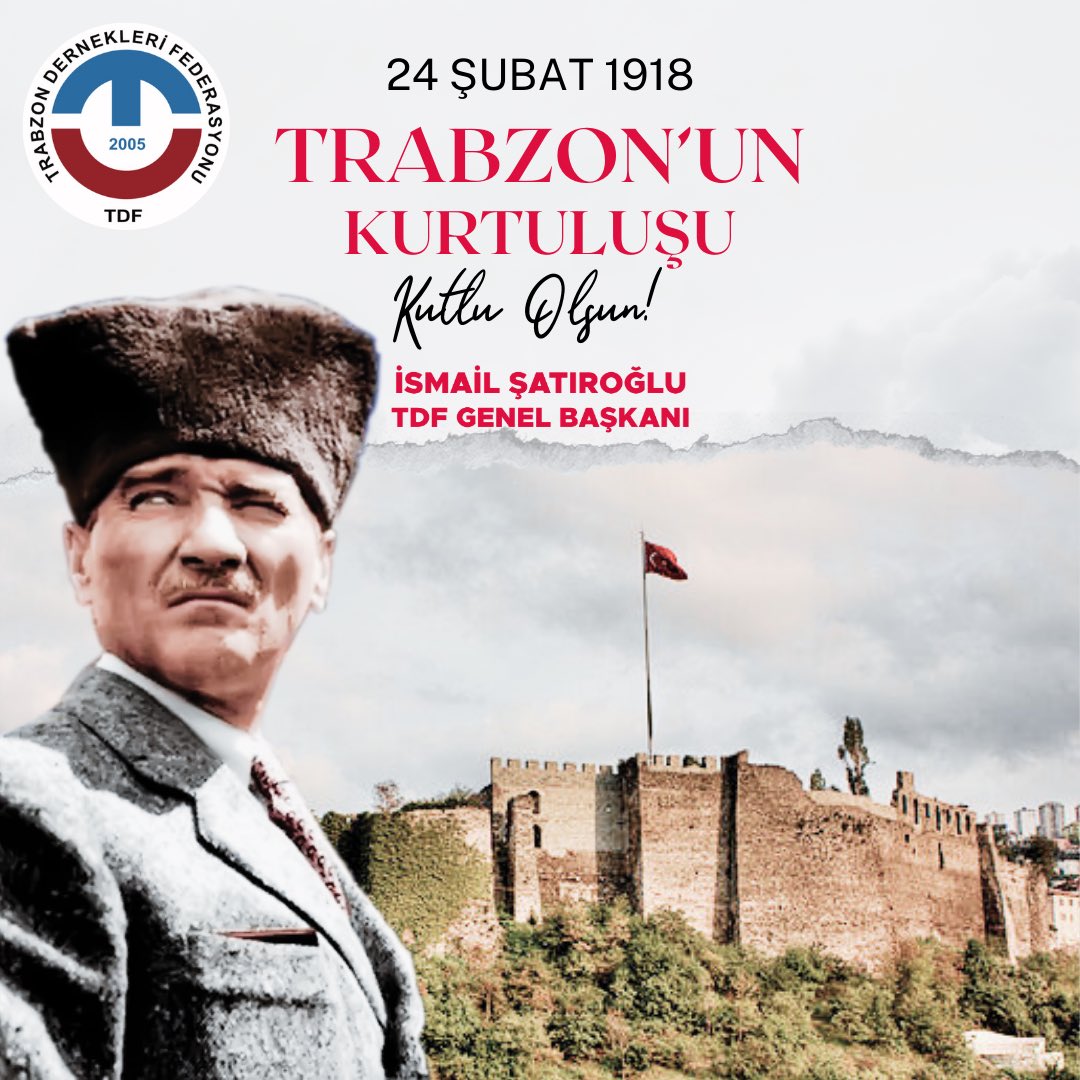 Trabzon’umuzun kurtuluşunu gururla kutluyoruz. 
Bu vesileyle, başta Gazi Mustafa Kemal Atatürk ve silah arkadaşları olmak üzere, vatan uğruna canlarını feda eden tüm şehitlerimizi rahmet ve minnetle anıyoruz.
İsmail ŞATIROĞLU
TDF Genel Başkanı