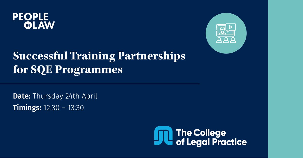 People in Law (@peopleinlawuk) on Twitter photo Please join us for a webinar with <a href="/collegalpract/">The College of Legal Practice</a>. They'll share their approach to partnering with firms whilst employees are on their SQE programmes. Rebecca Schrod will give their perspective on how they support their future trainees.
Register here 👉peopleinlaw.co.uk/event/successf… Please join us for a webinar with <a href="/collegalpract/">The College of Legal Practice</a>. They'll share their approach to partnering with firms whilst employees are on their SQE programmes. Rebecca Schrod will give their perspective on how they support their future trainees.
Register here 👉peopleinlaw.co.uk/event/successf…