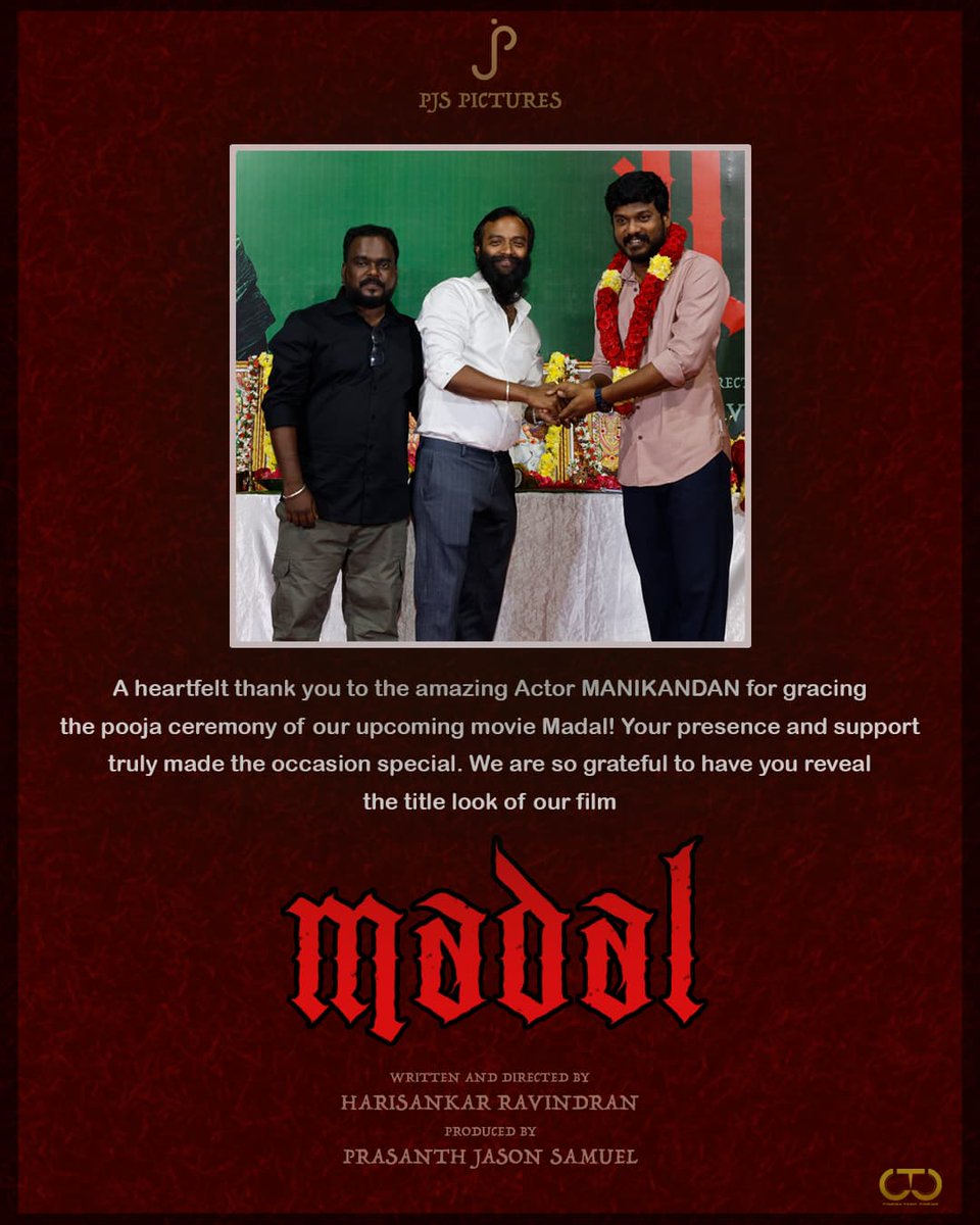 KollywoodCinima's tweet photo. A supernatural wave is coming! Team #Madal is honored to have @Manikabali87 in the pooja ceremony, title look is launched by him. Staytuned for more updates! 

#PJSPicturesProductionNo1 
"முதுபேயின் வருகை கூறல் "

@PJSpictures_ @JasonPrashanth @raharisankar @praveenraja0505 https://t.co/6fTVSlcLt5