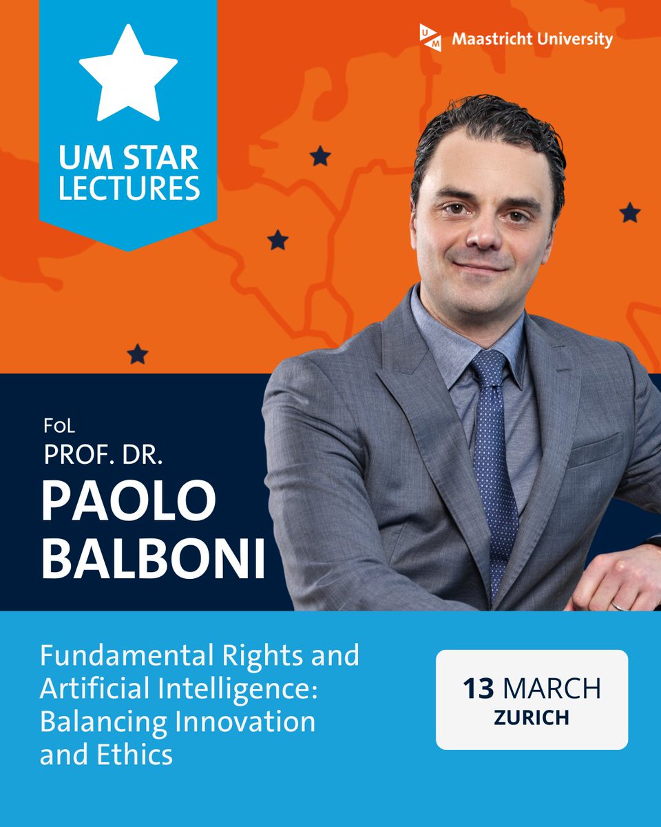 ECPC (@ecpcmaastricht) on Twitter photo Prof. <a href="/balbonipaolo/">Paolo Balboni</a> delivers one of the UM Star Lectures. Meet him on 13 March in Zurich where he will talk about Fundamental Rights and #AI: Balancing Innovation and Ethics. maastrichtuniversity.nl/events/um-star…
<a href="/lawinmaastricht/">Law in Maastricht</a> Prof. <a href="/balbonipaolo/">Paolo Balboni</a> delivers one of the UM Star Lectures. Meet him on 13 March in Zurich where he will talk about Fundamental Rights and #AI: Balancing Innovation and Ethics. maastrichtuniversity.nl/events/um-star…
<a href="/lawinmaastricht/">Law in Maastricht</a>