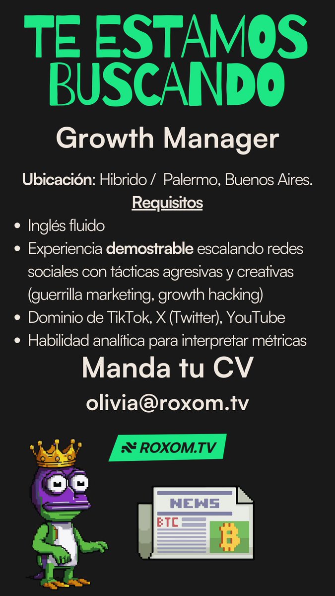 olivia_pando's tweet image. Estamos buscando gente para sumar a @RoxomTV 🚀 Roxom TV no es solo otro medio de crypto. Venimos a cambiar la forma en que se vive y se consume contenido en la industria. Somos content first, con un streaming 24/7 y programas propios.

Es como si Bloomberg y MTV tuvieran un…