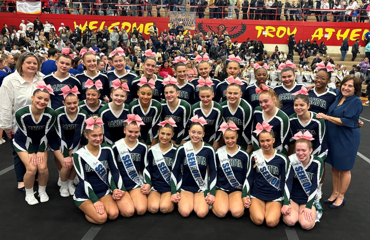 cvschools's tweet photo. Congratulations to the Dakota Varsity Competitive Cheer Team!  The team is advancing to MHSAA COMPETITIVE CHEER STATE FINALS.  This team won their conference title (MAC RED), the district title, and are now one of eight teams to qualify for states. https://t.co/YAMcHBiSrb