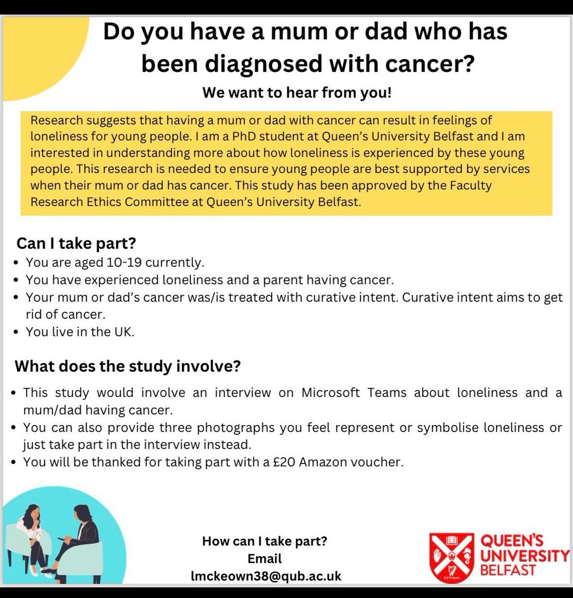 Do you know a young person who has had a mum or dad with cancer? Please share our flyer with them. We are keen to interview two more young people ⬇️⬇️⬇️