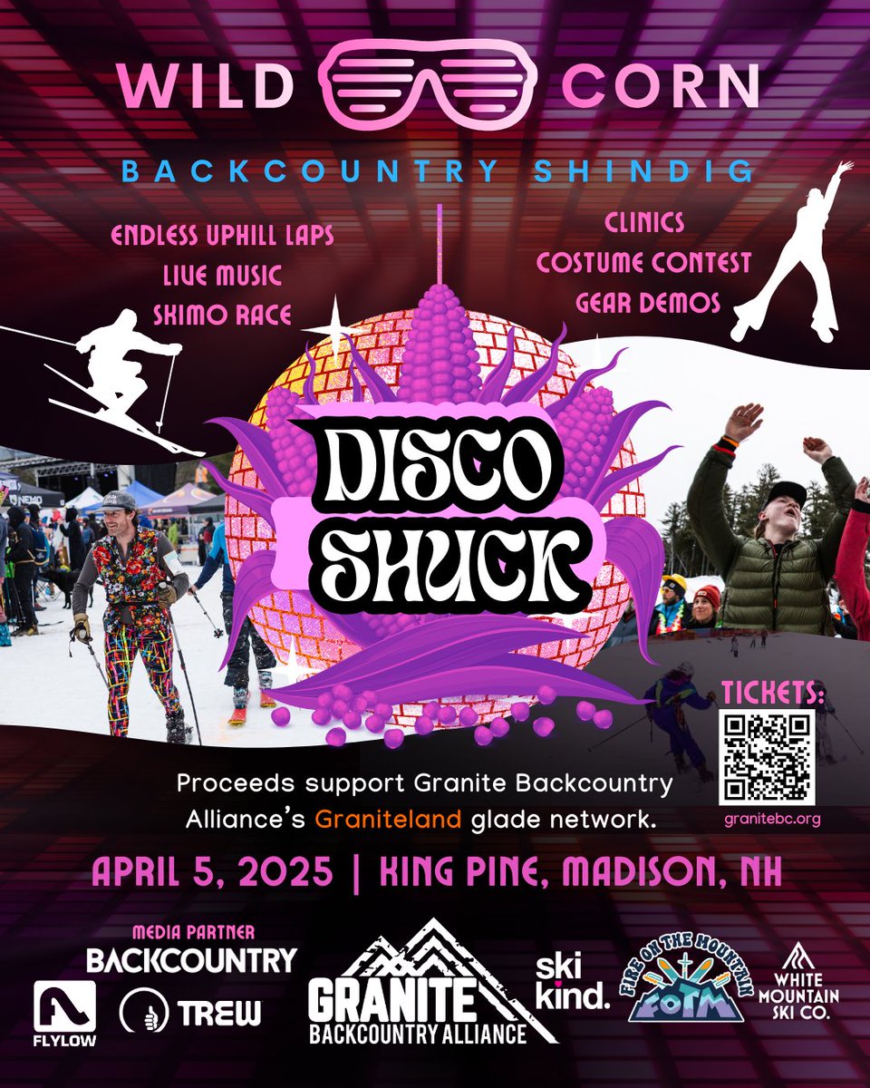 KingPineSkiArea's tweet photo. Wild Corn is back! Join the party Saturday, April 5 RIGHT HERE at King Pine for endless uphill laps, skim races, kid's games, costume contests, dance parties, clinics, music from Disco Shuck, great food, brews and more. 👉https://t.co/pZn7r9VEwq #wildcorn #granitebc ⛷️🤪🌽 https://t.co/S7liYWuyTo