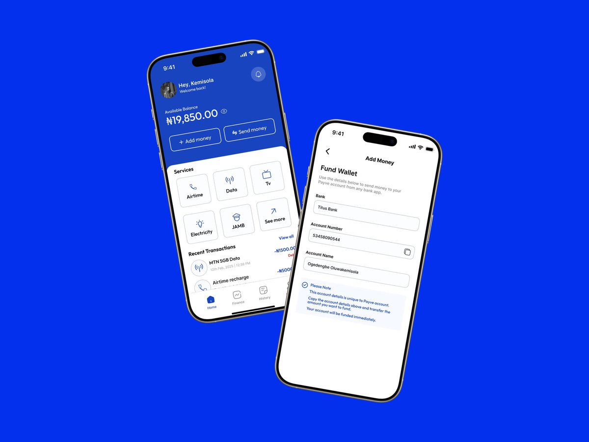 Kemi_Designs's tweet photo. I’m designing this project and aiming to take it live🚀. With Payve💙 you can pay all your bills and recharge your network seamlessly, clean UI and a top-notch experience. I need more feedback on where I can adjust and improve Drop your thoughts below👇🏽✨ #Fintech #UIDesign https://t.co/ZGxs0MGTnI
