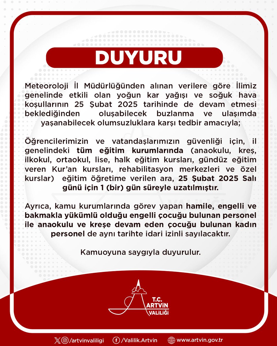 Sevgili öğrenciler, Kıymetli veliler;

Yoğun kar yağışı ve olumsuz hava koşulları nedeniyle eğitim-öğretime verdiğimiz arayı 1 gün daha uzatma kararı almış bulunuyoruz.
Öğrencilerimizin güvenliği ve sağlığı her şeyden önce gelir.
Lütfen bu günü öğrencilerimizin kitap okuma ve