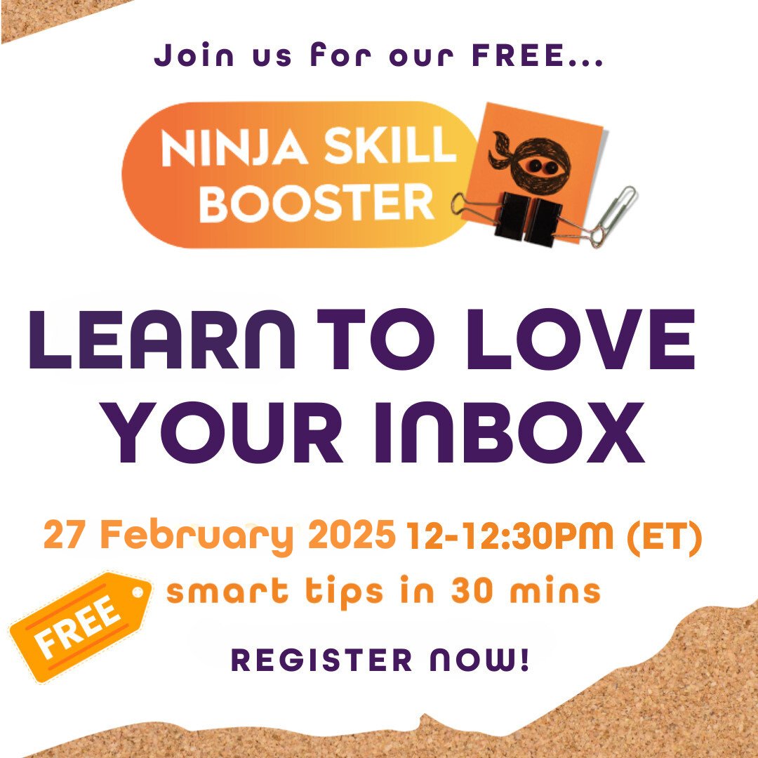 ThisThursday's FREE Ninja Skill Booster tackles  the tricky issue of email! Is email overwhelming you?

Gain a new mindset and ninja techniques that will clean up your inbox and make it work for you.

Register now! zurl.co/lj2YS 

#email #productivity #wellbeing