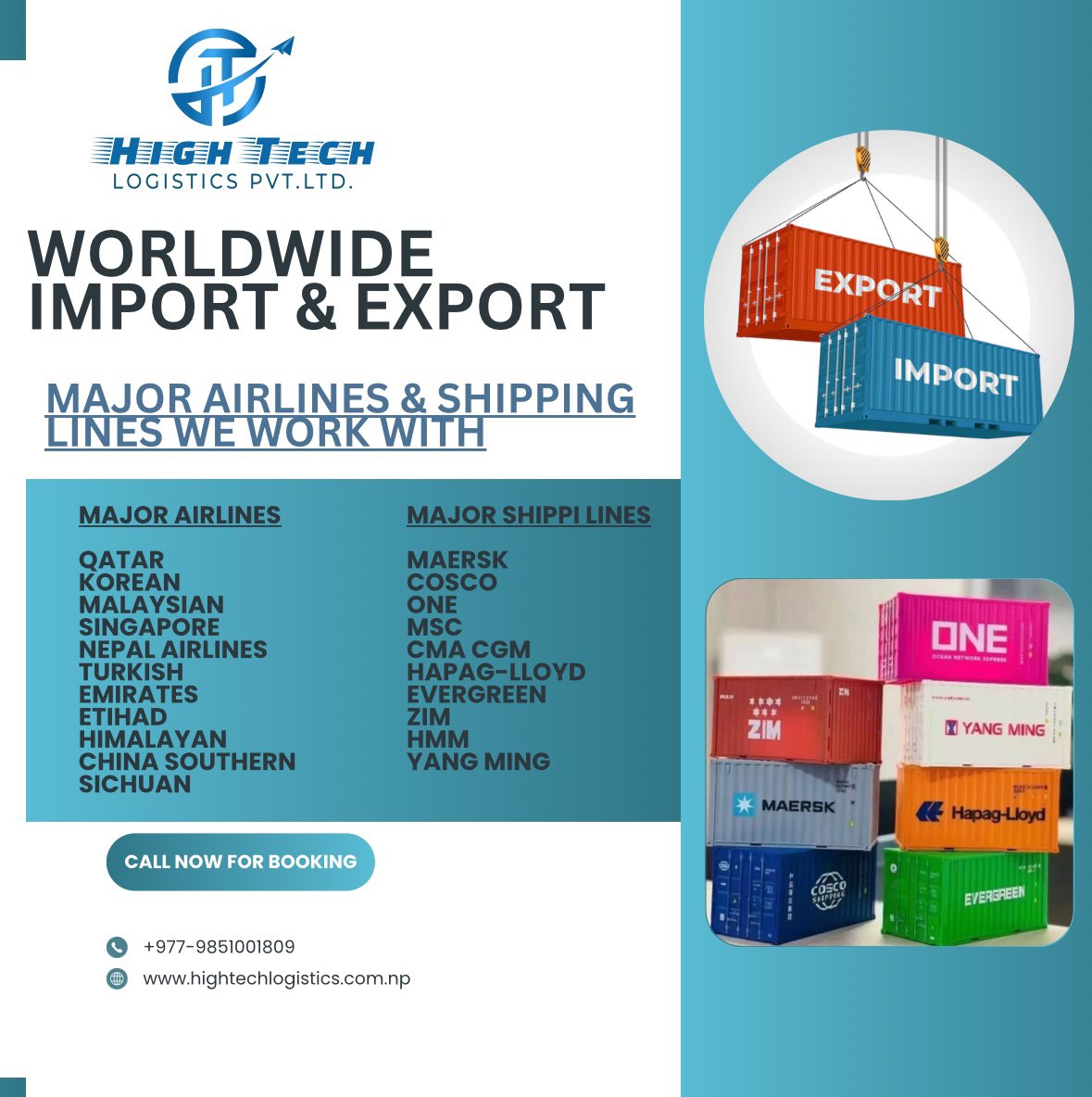 ht_logistics's tweet photo. 🌍✈️🚢 High Tech Logistics – Your Global Trade Partner!

Fast, reliable import/export with top airlines &amp; shipping lines! ✅

📦 Airlines: Qatar, Emirates, Turkish, Singapore &amp; more!
🚢 Shipping Lines: Maersk, MSC, CMA CGM, ONE &amp; more!

📞 Book Now: +977-9851001809 https://t.co/5usSJePAra