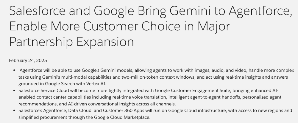 EconomyApp's tweet photo. $GOOG Google Lands Salesforce Cloud Deal.

💵 Salesforce commits $2.5B over 7 years.
☁️ Agentforce now runs on Google Cloud.
🔗 Deeper integrations across apps.
🤖 Gemini AI powers Agentforce.

📊 $CRM reports Wednesday.
Will AI momentum show up in the numbers? https://t.co/TnaRLYXT1q