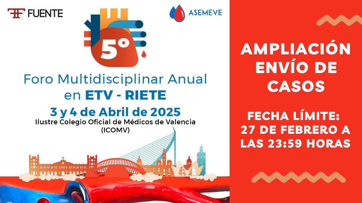 📢 ¡Ampliado el envío de casos para el 5º Foro Multidisciplinar Anual en ETV-RIETE!   

El periodo de envío finalizará el 27 de febrero a las 23:59 horas  

Mándanos tus casos desde shmedical.es/5-foro-etv/
