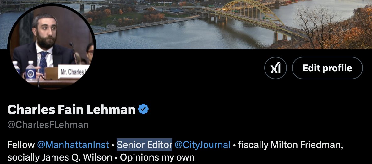 CharlesFLehman's tweet image. Some professional news: As of today, I am officially senior editor @CityJournal.
Don't worry, I'll still be writing and researching. But I'll also be taking on some duties on with CJ. Including commissioning pieces—which you should pitch me!🧵