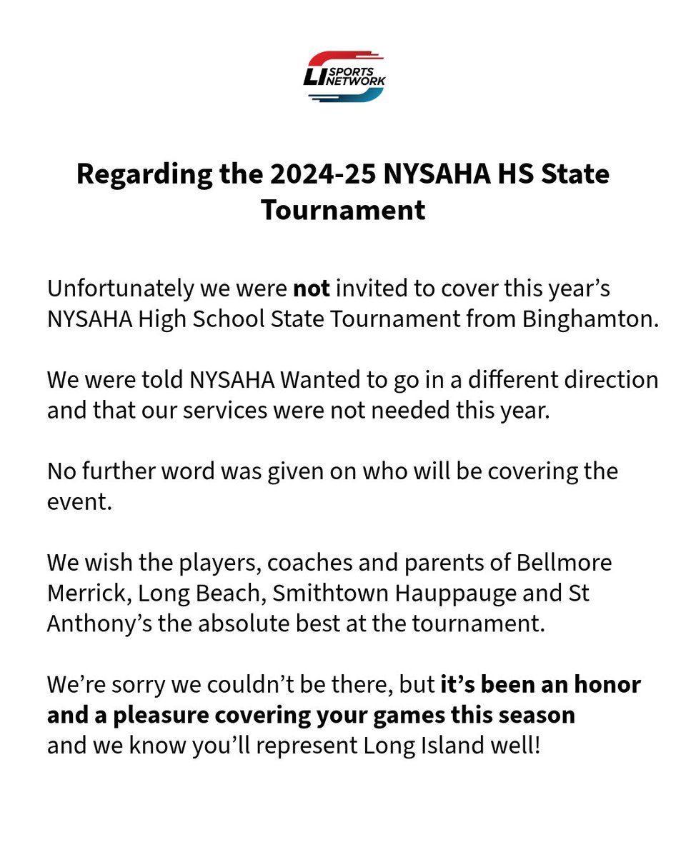 Official Statement on the 2024-2025 NYSAHA HS State Tournament