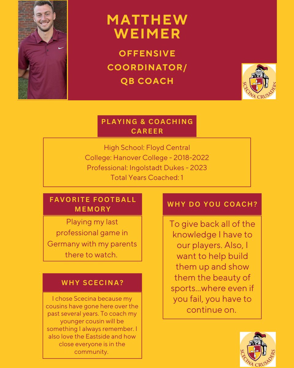 We will be introducing our coaching staff through our "Meet the Coaches" series.

To start it off is Matthew Weimer, our Offensive Coordinator/QBs coach for the 2025 season. We are incredibly blessed to have his expertise and energy in our program! Thank you for all you do!