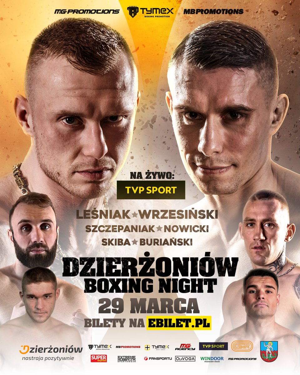 Boks w najlepszej odsłonie powraca do Dzierżoniowa!
Wrzesiński,Nowicki  i Leśniak na gali DZIERŻONIÓW Boxing Night już 29 marca.

DZIERŻONIÓW Boxing Night
Transmisja gali NA ŻYWO w TVP Sport
Bilety dostępne na eBilet.pl

#boks #tvpsport #fight #walki