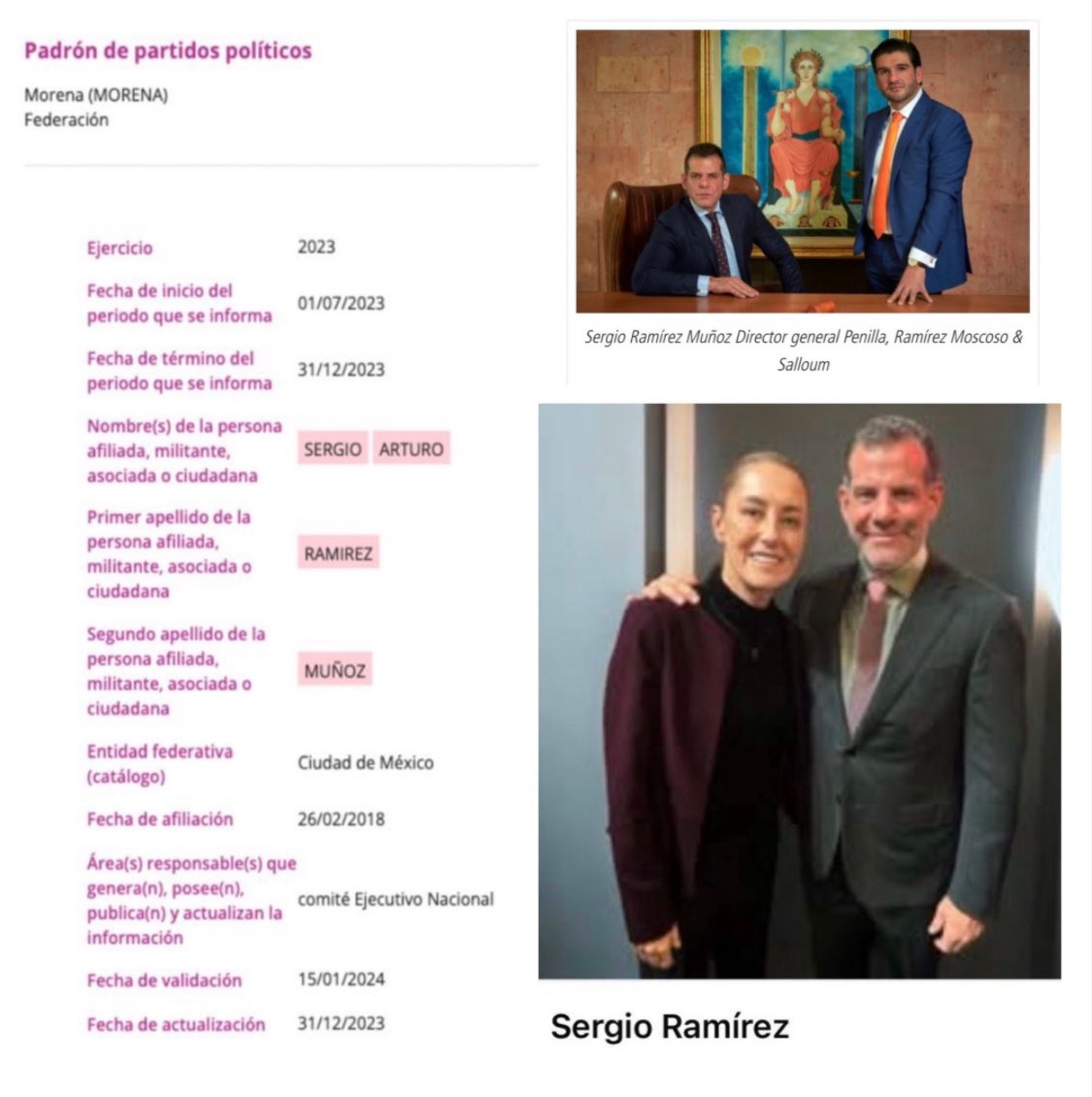No sea mentirosa, presidente Sheinbaum. 

Aquí está usted con Sergio Arturo Ramírez Muñoz, MILITANTE DE MORENA y socio de Juan Pablo Penilla, dueños del despacho que asesora al "Mayo".