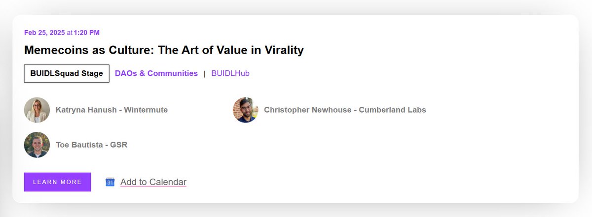 At <a href="/EthereumDenver/">ETHDenver 🏔🦬🦄</a>, our BD and Partnerships Managing Director <a href="/CryptoKatryna/">CryptoKatryna</a> will be sharing the stage with other liquidity providers to discuss memecoins as culture

📅 25 Feb 2025, Tues
🕐 1:20PM
📍 BUIDL Squad Stage
🎙️ Memecoins as Culture: The Art of Value in Virality