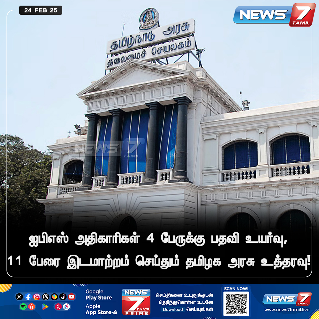 news7tamil's tweet image. ஐபிஎஸ் அதிகாரிகள் 4 பேருக்கு பதவி உயர்வு , 
11 பேரை இடமாற்றம் செய்தும் தமிழக அரசு உத்தரவு!

news7tamil.live | #Tamilnadu | #IPS | #IpsTransfer | #News7Tamil | #News7TamilUpdates