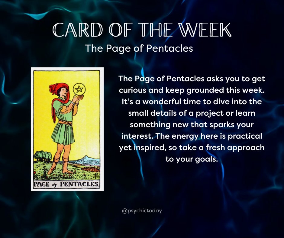 PsychicToday's tweet photo. Get curious 🔍️

#cardoftheweek #tarotcards #tarotreading #Tarot #CardOfTheWeek #SpiritualGuidance #PsychicReading #psychic #Intuition #WeeklyTarotMessage #DivineInsights #MysticalJourney #SoulConnection #InnerWisdom #pageofpentacles https://t.co/Z8enicgruj