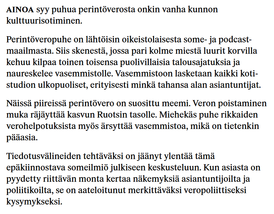 Saatoin nauraa ääneen ja nyökytellä. Kulttuurisota on löytänyt verokeskustelun by <a href="/pursiain/">Heikki Pursiainen</a>  suomenkuvalehti.fi/mielipide/medi…