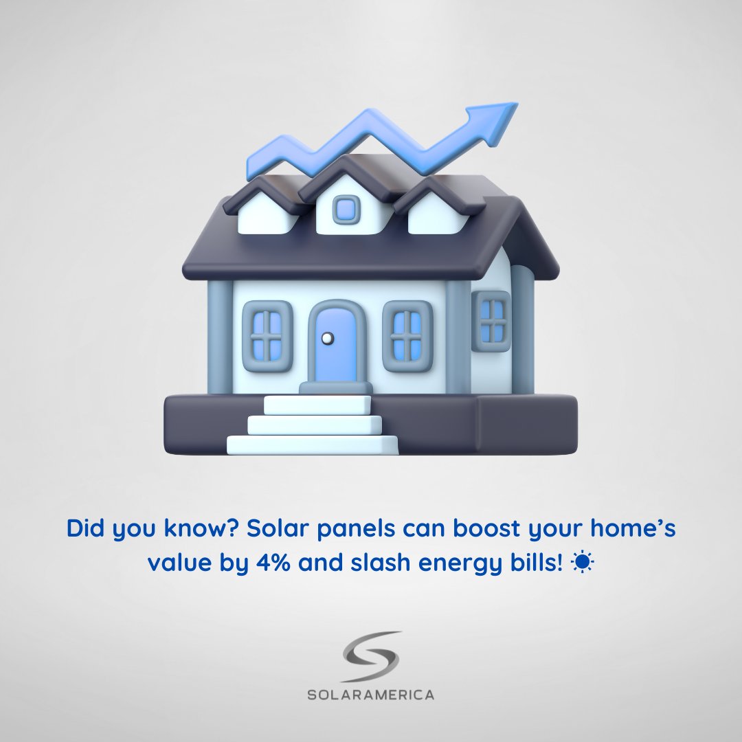 Solaramericaio's tweet photo. 💡 Did you know? Solar panels can boost your home’s value by 4% and slash energy bills! ☀️ 

#SolarSavings #HomeValue #gosolar #gogreen #cleanenergy #renewableenergy #sustainableenergy #solarinstallation #solartech #solarcommunity #solaradvocate https://t.co/qtDANdMAhQ
