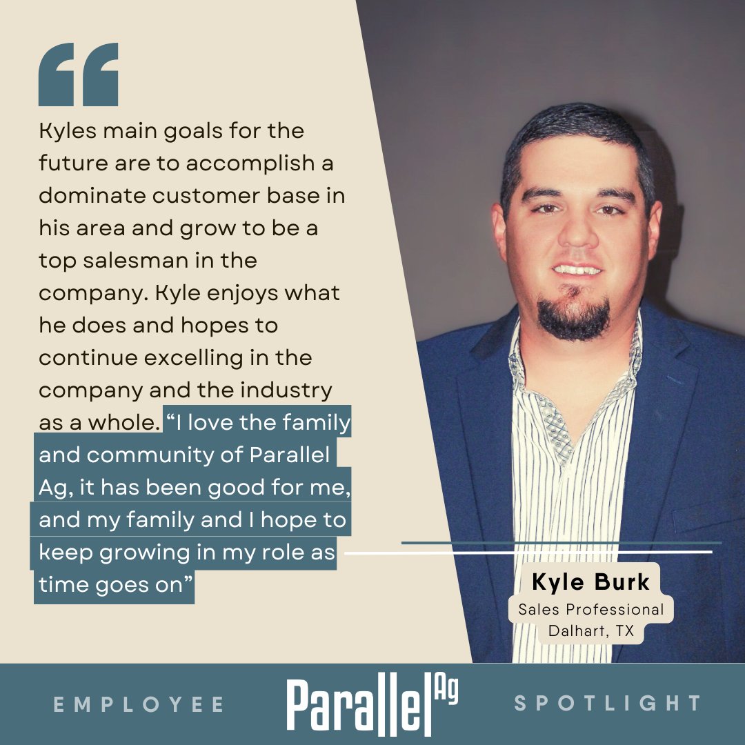 🌟 People of Parallel: Kyle Burk 🌟
Kyle, a Sales Pro at Parallel Ag - Dalhart, TX, grew up ranching in CO &amp; found his home in ag sales. When he's not helping customers, he's coaching, hunting, or cooking for friends. He’s all about family, community &amp; top-notch service!
