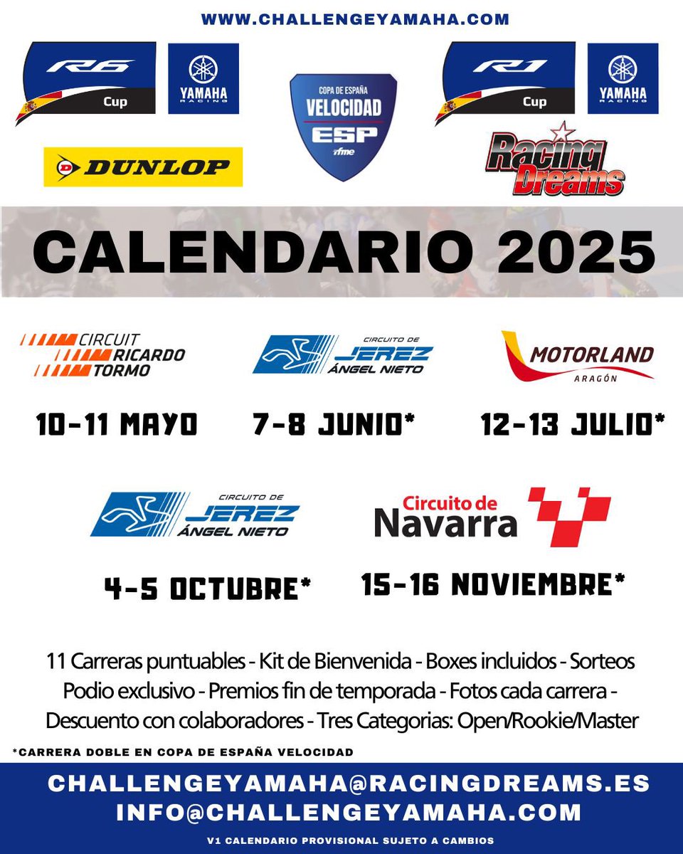 🏁🔥 ¡Calendario oficial de la Yamaha R1 &amp; R6 Cup 2025! 🔥🏁

🏆 11 carreras 
🔹 Kit de bienvenida
🔹 Boxes incluidos
🔹 Sorteos y premios Pole 
🔹 Premios de fin de temporada por más de 20.000€ 💰
🔹 categorías: Open, Rookie y Master
📍 Circuitos mundialistas