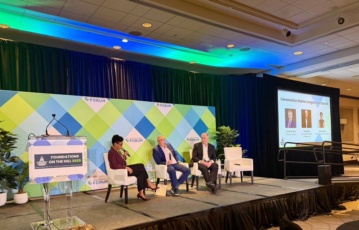 📢 Day 2 of #FOTH25 is off and running! 

Today we’re bringing the sector together around advocacy with insights from #philanthropy’s top thought leaders.

📸: Charles Dent (The Aspen Institute), Dan Kildee (Community Foundation of Greater Flint), &amp; Avenel Joesph (RWJF)