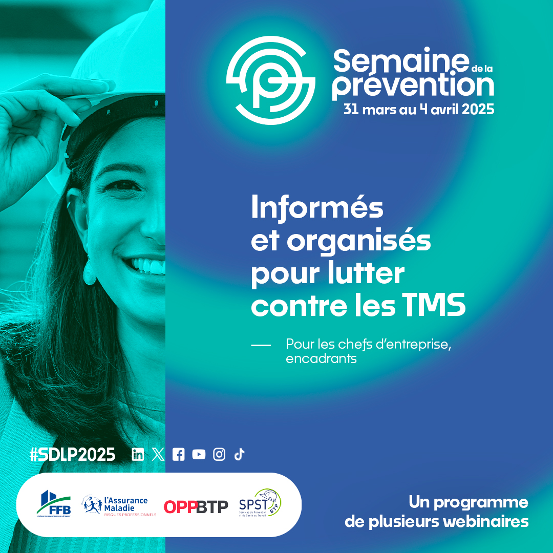 FFBatiment's tweet photo. [SEMAINE DE LA PRÉVENTION] 🚧 Du 31 mars au 4 avril, participez aux webinaires santé-prévention de la FFB.

🎯 2e thème : "Informés et organisés pour lutter contre les Troubles Musculo-Squelettiques (TMS)"
🔍 Comprendre les risques, évaluer, agir : fatigue, comportements collectifs, et mesures pratiques pour limiter les #TMS.

🔗 Infos & inscriptions : https://t.co/LryHkHYZzN

#SDLP2025 #sécurité #prévention #BTP