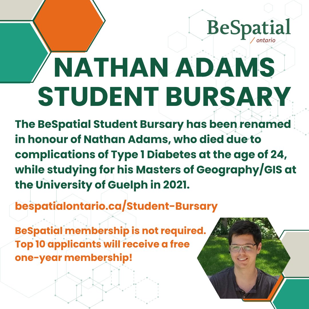 In 2022, the BeSpatial Student Bursary was renamed in honour of Nathan Adams, a young GIS innovator who left us too soon. His work in AI and LiDAR technology lives on through this award. Students in Ontario: apply for this $1000 bursary! Details here: bit.ly/3OHD1J0