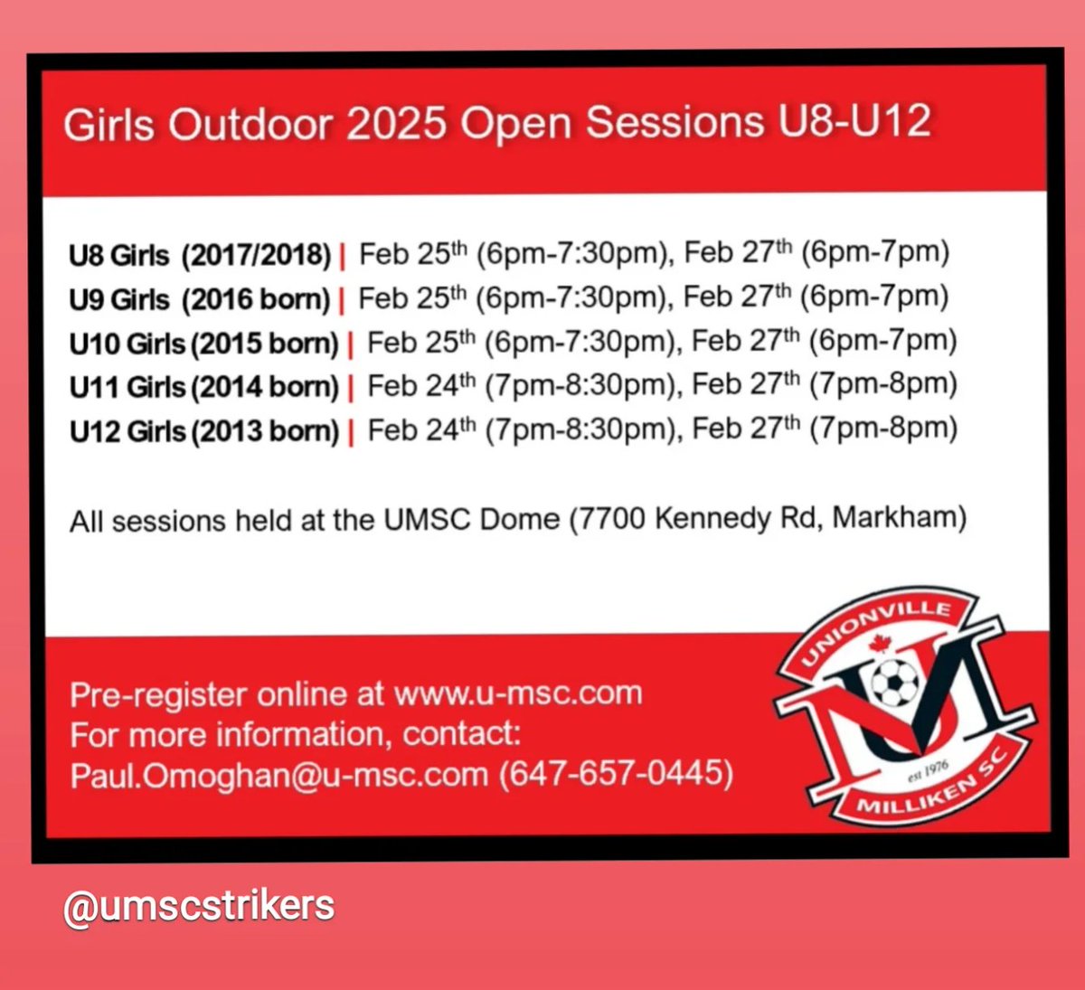 Open sessions for our 2013/2014 girls outdoor competitive teams start tonight! Pre-register at u-msc.com