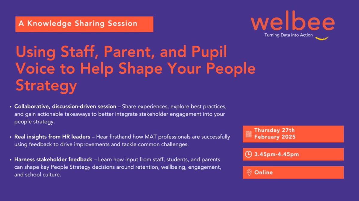 📢 Calling HR professionals!
If you want to understand how gathering input from staff, students, and parents can help inform key decisions around retention, wellbeing, engagement, and school culture, then please join us on 27th February, 3:45-4:45pm for an interactive