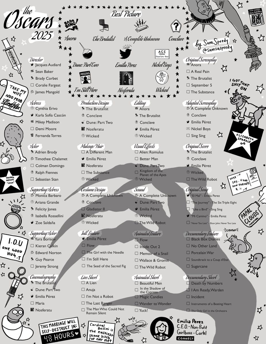 samsaspeedy's tweet image. 2025 OSCARS ⭐️ CUTE BALLOT FOR U